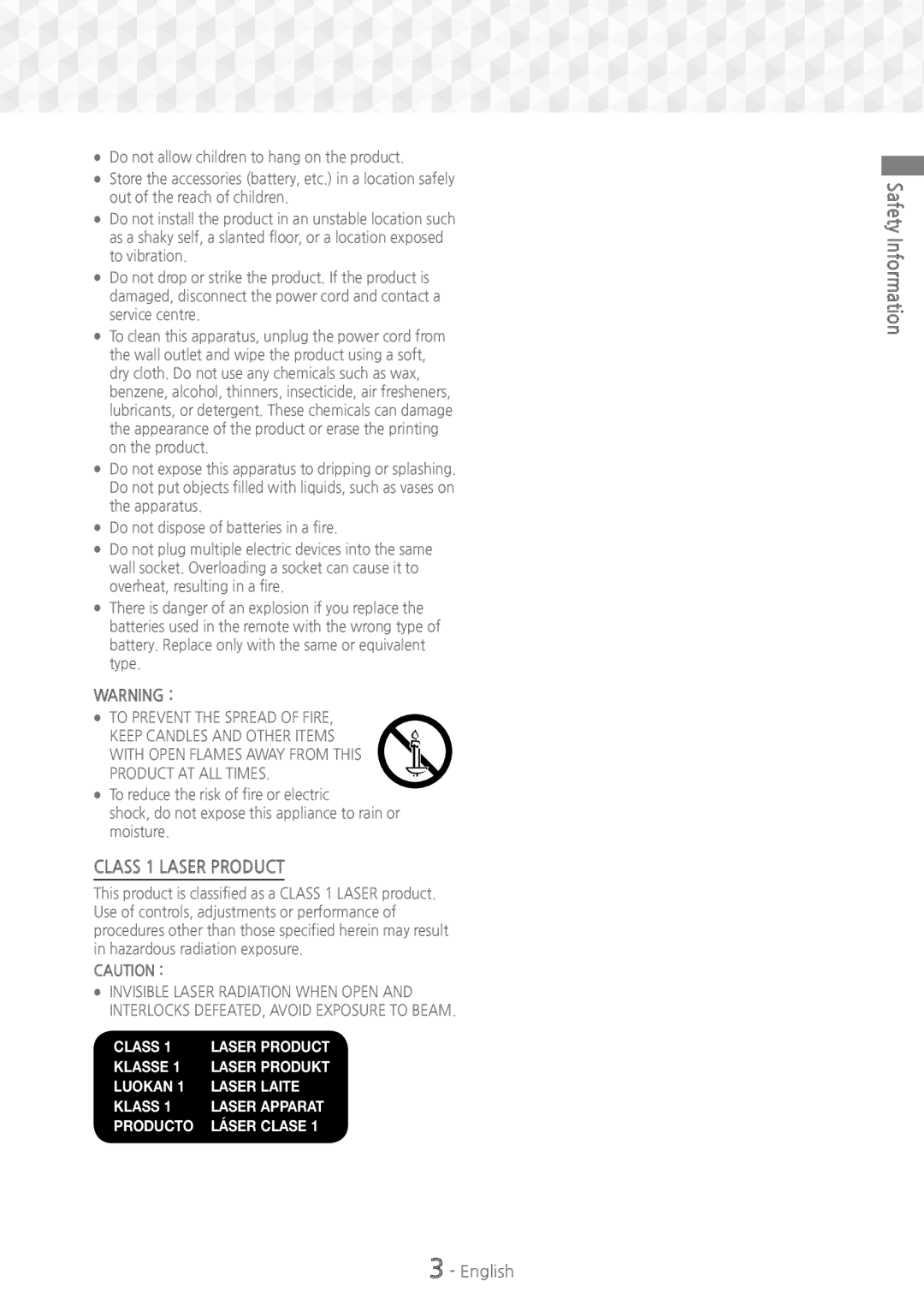 Samsung HT-J5150/TK, HT-J5150/EN, HT-J5150/ZF manual Class 1 Laser product, Safety Information 