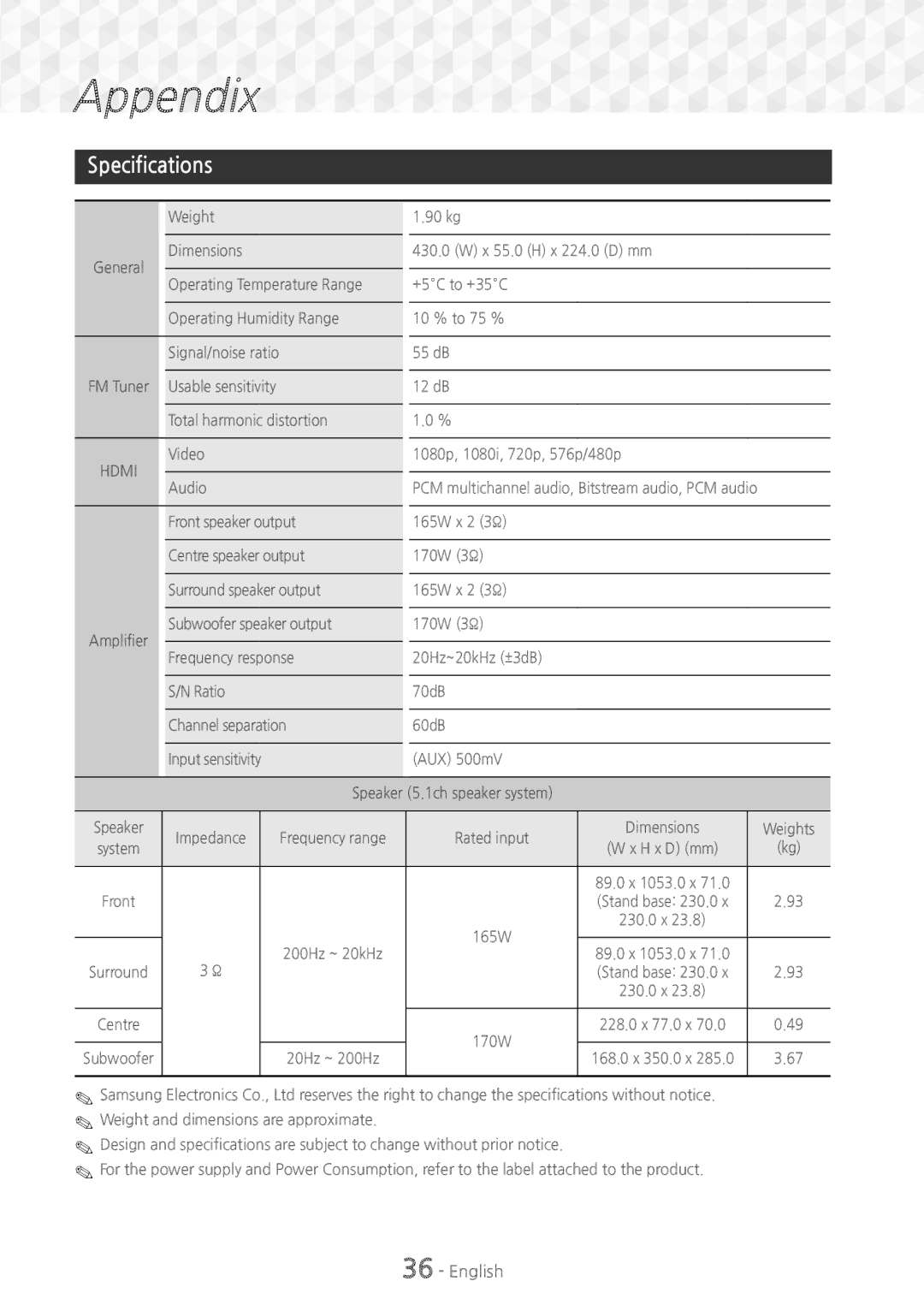 Samsung HT-J5150/TK, HT-J5150/EN, HT-J5150/ZF manual Specifications 