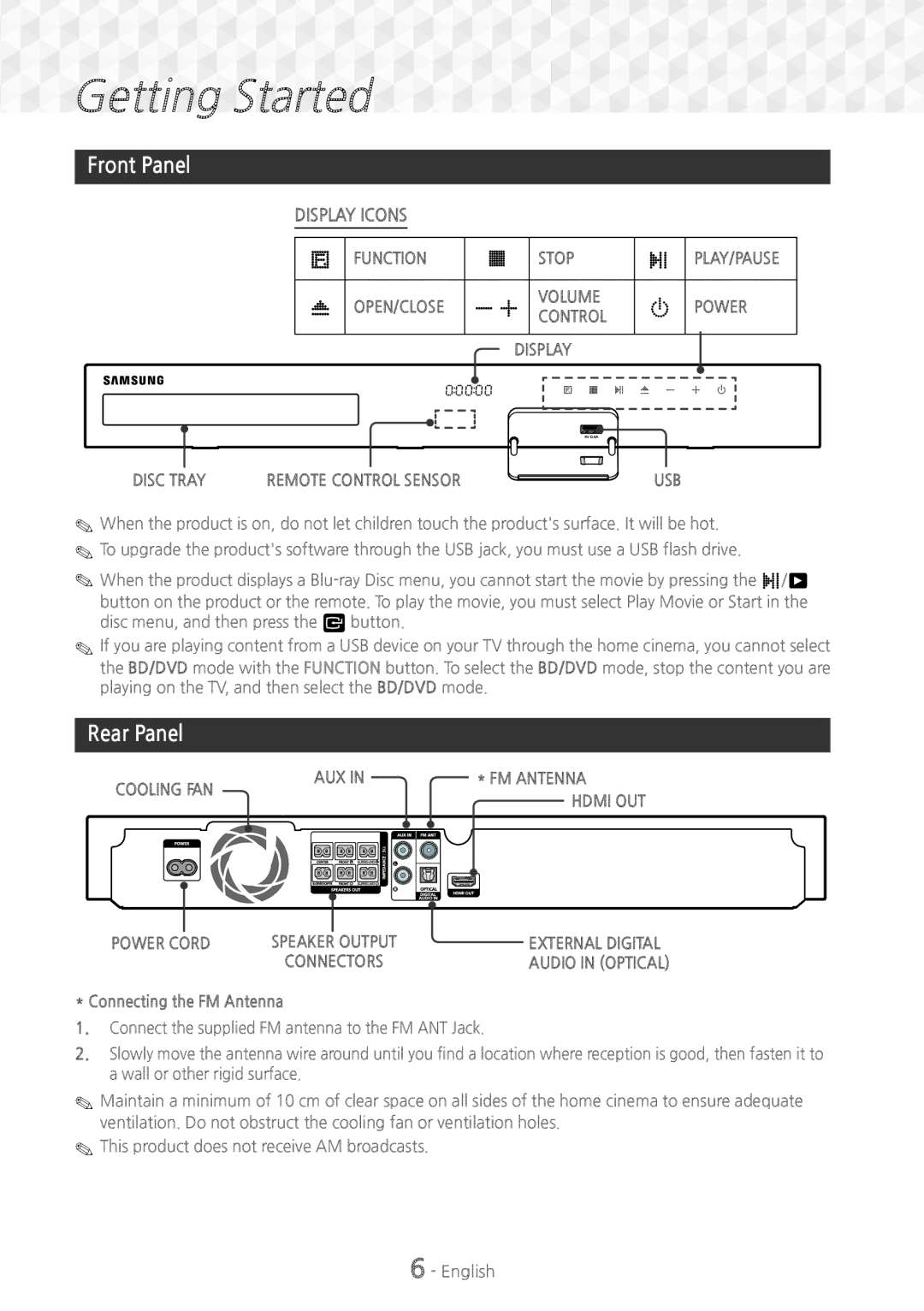 Samsung HT-J5150/TK, HT-J5150/EN, HT-J5150/ZF manual Front Panel, Rear Panel 