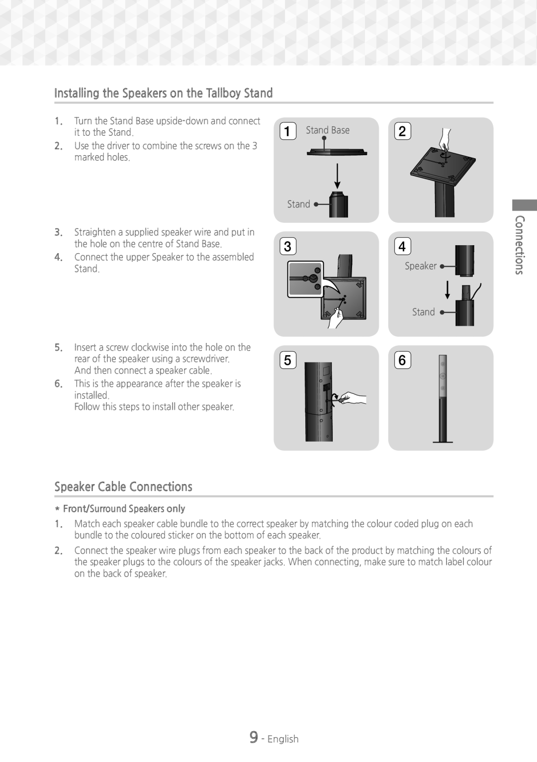 Samsung HT-J5150/TK Installing the Speakers on the Tallboy Stand, Speaker Cable Connections, Front/Surround Speakers only 