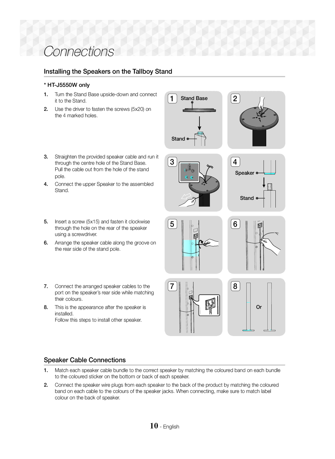 Samsung HT-J5550W/XE, HT-J5500/EN Installing the Speakers on the Tallboy Stand, Speaker Cable Connections, HT-J5550W only 