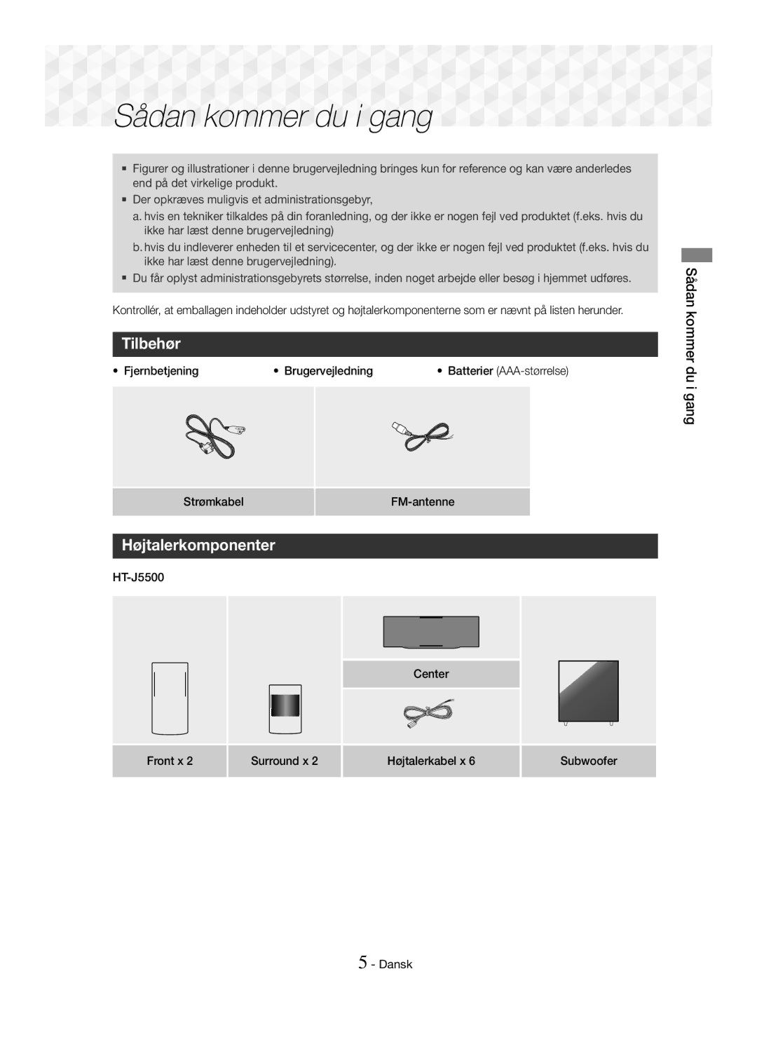 Samsung HT-J5550W/EN, HT-J5500/EN, HT-J5550W/ZF, HT-J5500/ZF manual Tilbehør, Højtalerkomponenter, Sådan kommer du i gang 