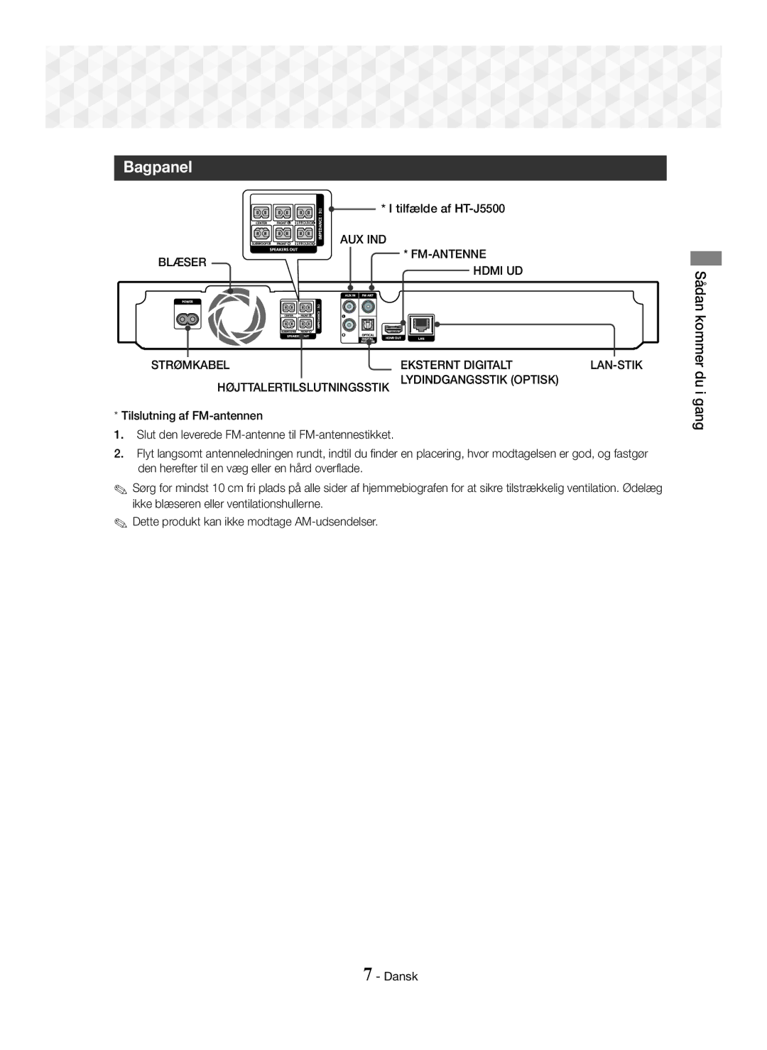 Samsung HT-J5500/ZF, HT-J5500/EN, HT-J5550W/EN, HT-J5550W/ZF, HT-J5550W/XE, HT-J5500/XE manual Bagpanel, Sådan kommer, Du i gang 