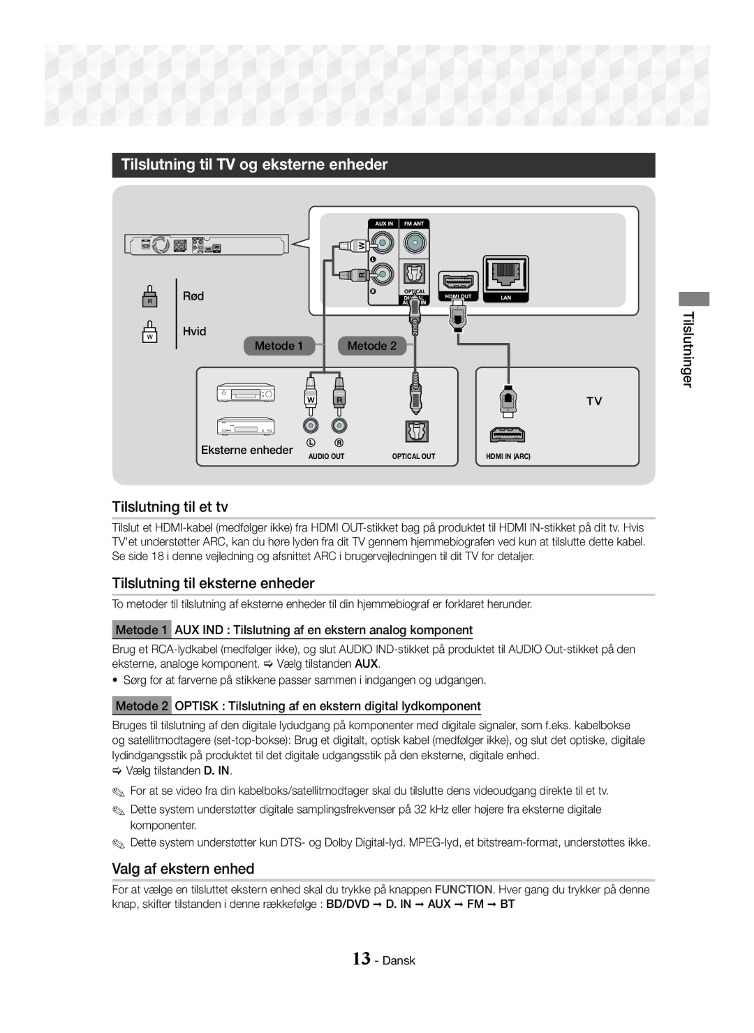 Samsung HT-J5500/ZF manual Tilslutning til TV og eksterne enheder, Tilslutning til et tv, Tilslutning til eksterne enheder 