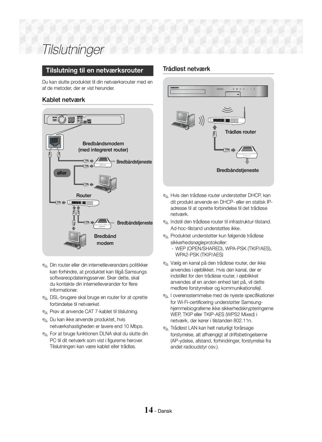 Samsung HT-J5550W/XE, HT-J5500/EN, HT-J5550W/EN manual Tilslutning til en netværksrouter Trådløst netværk, Kablet netværk 