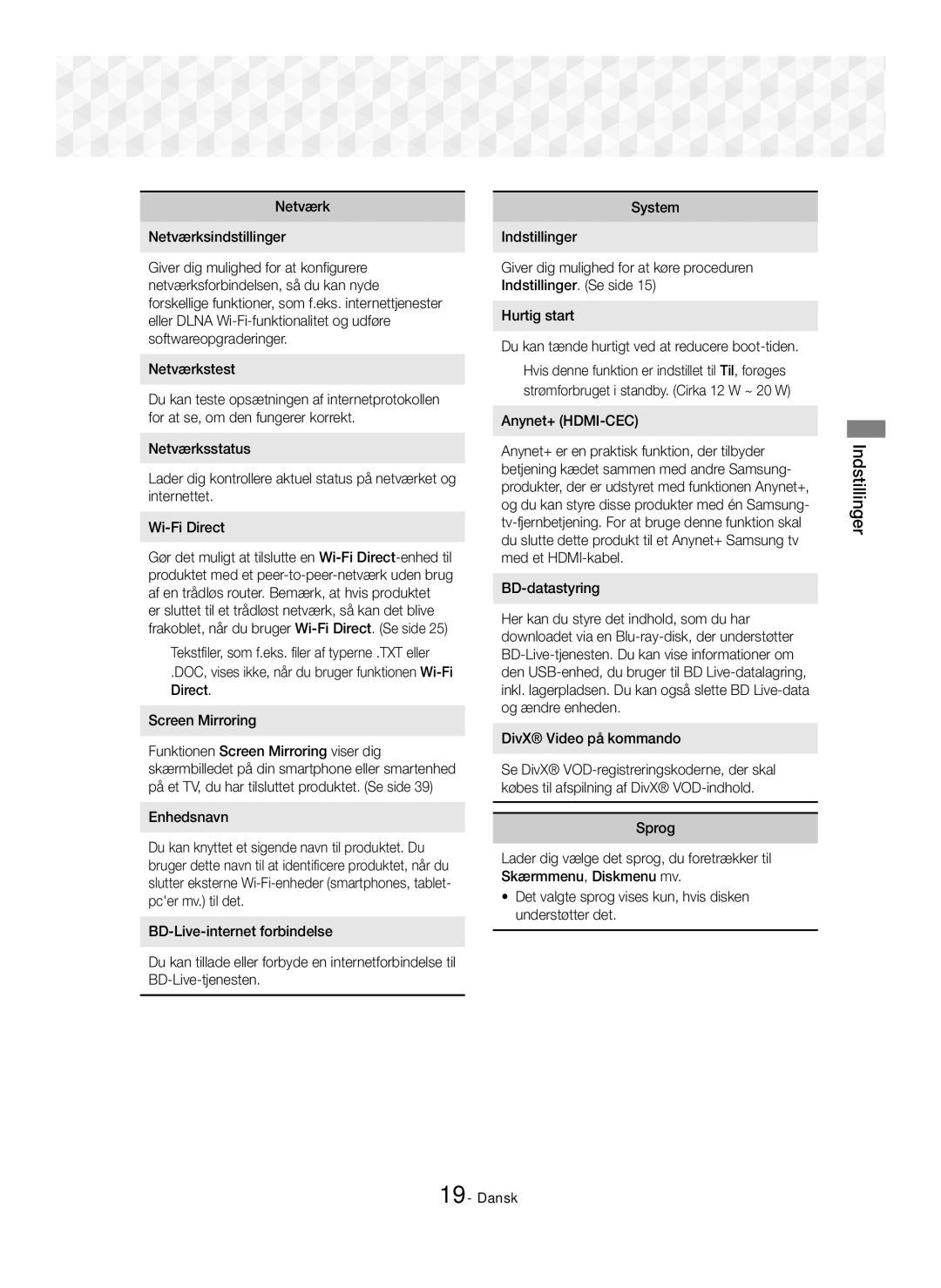 Samsung HT-J5500/ZF Netværk Netværksindstillinger, Netværkstest, Enhedsnavn, BD-datastyring, DivX Video på kommando, Sprog 