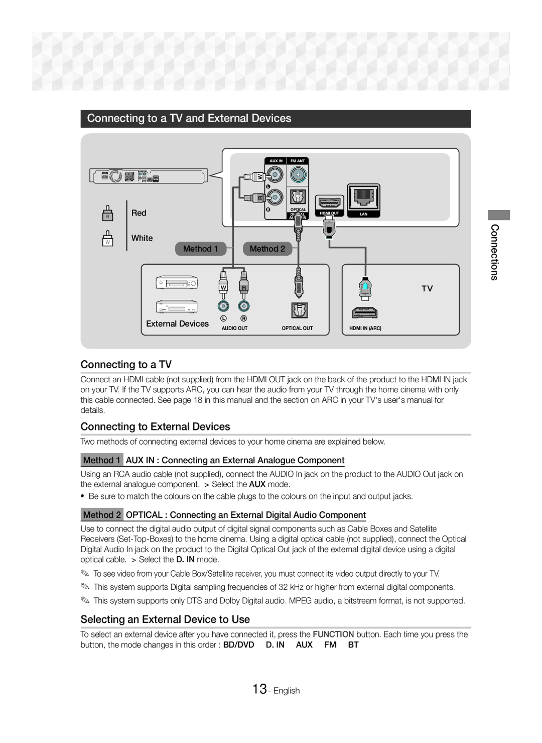 Samsung HT-J5550W/EN, HT-J5500/EN, HT-J5550W/ZF Connecting to a TV and External Devices, Connecting to External Devices 