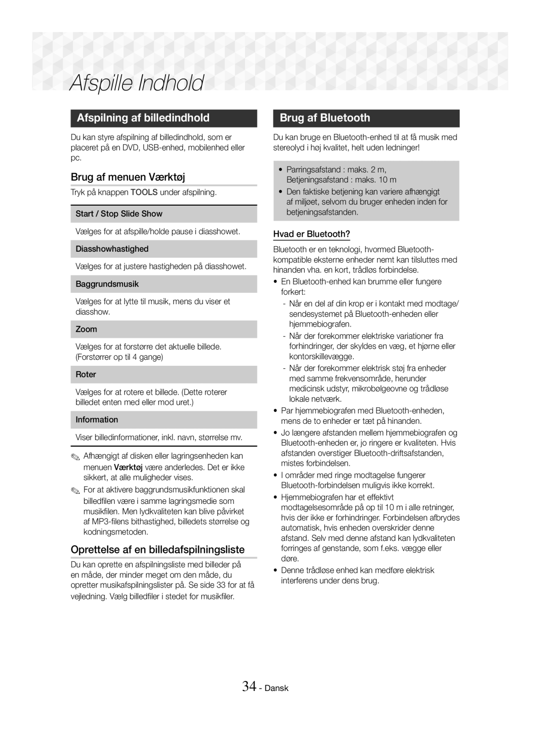 Samsung HT-J5500/EN manual Afspilning af billedindhold, Brug af menuen Værktøj, Oprettelse af en billedafspilningsliste 