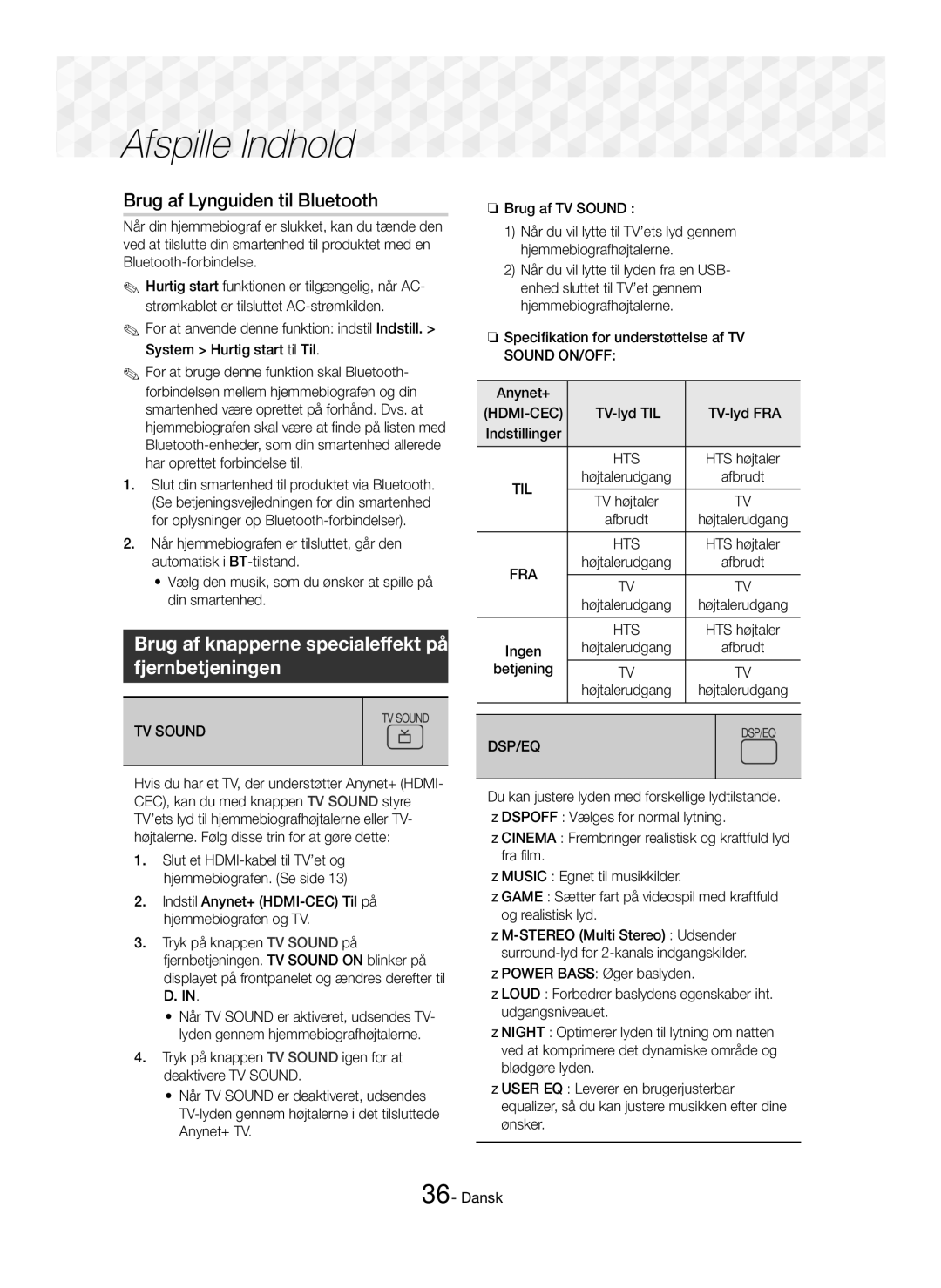 Samsung HT-J5550W/ZF, HT-J5500/EN Brug af Lynguiden til Bluetooth, Brug af knapperne specialeffekt på Fjernbetjeningen 