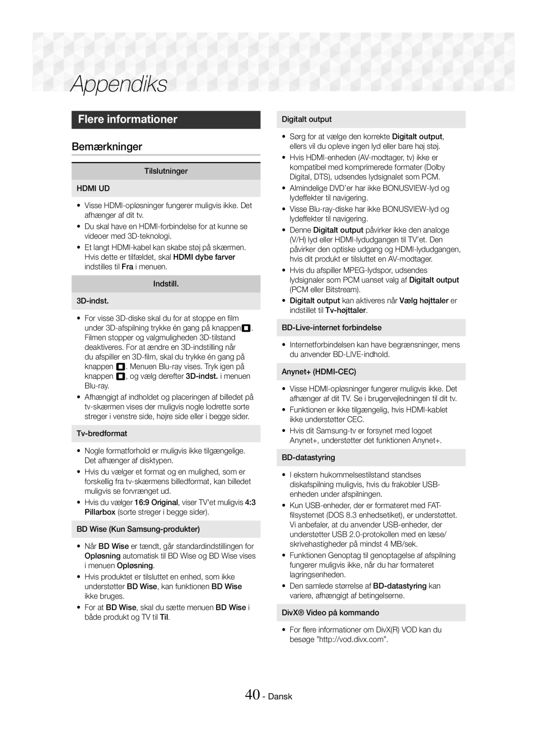 Samsung HT-J5500/EN, HT-J5550W/EN, HT-J5550W/ZF manual Appendiks, Flere informationer, Bemærkninger, Tilslutninger, Hdmi UD 