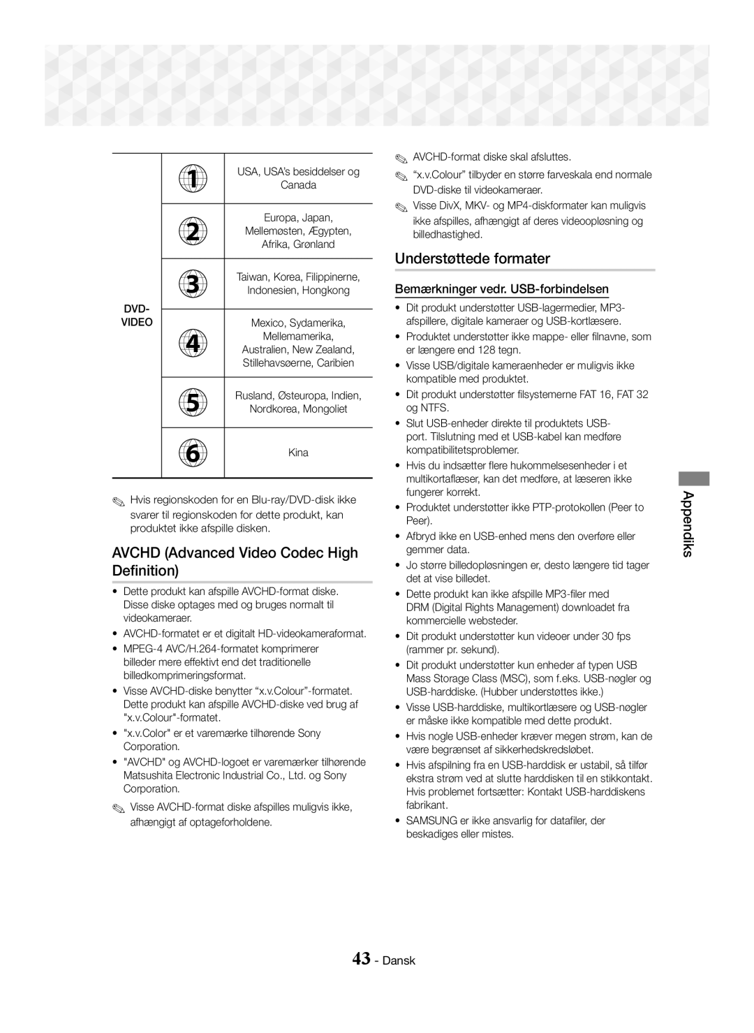 Samsung HT-J5500/ZF, HT-J5500/EN, HT-J5550W/EN, HT-J5550W/ZF Understøttede formater, Bemærkninger vedr. USB-forbindelsen 