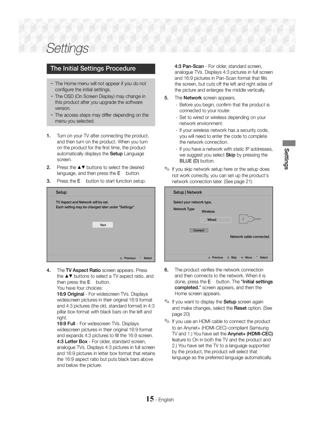 Samsung HT-J5500/ZF, HT-J5500/EN, HT-J5550W/EN Initial Settings Procedure, Press the E button to start function setup 