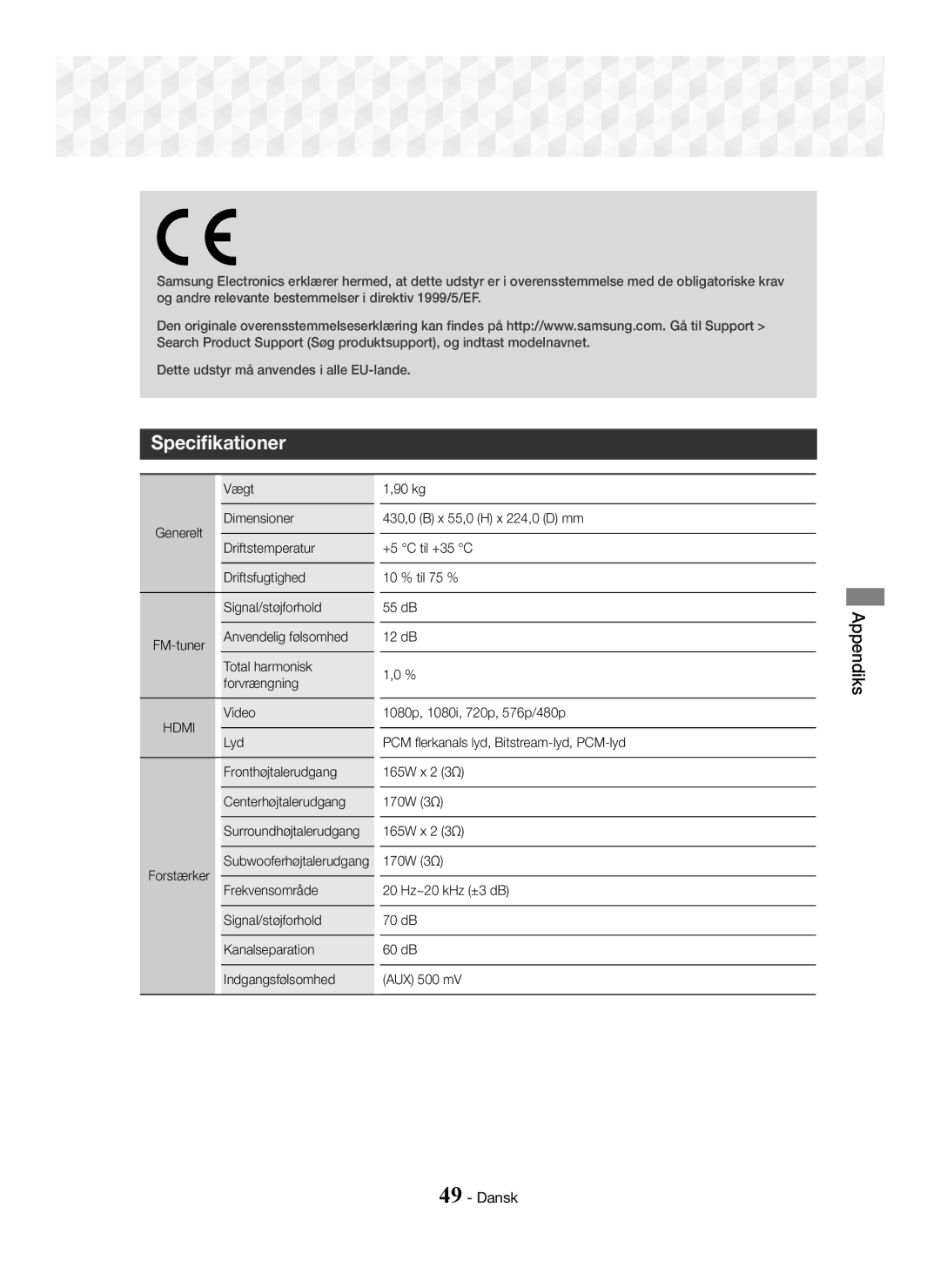 Samsung HT-J5500/ZF, HT-J5500/EN, HT-J5550W/EN, HT-J5550W/ZF, HT-J5550W/XE, HT-J5500/XE Specifikationer, Generelt FM-tuner 