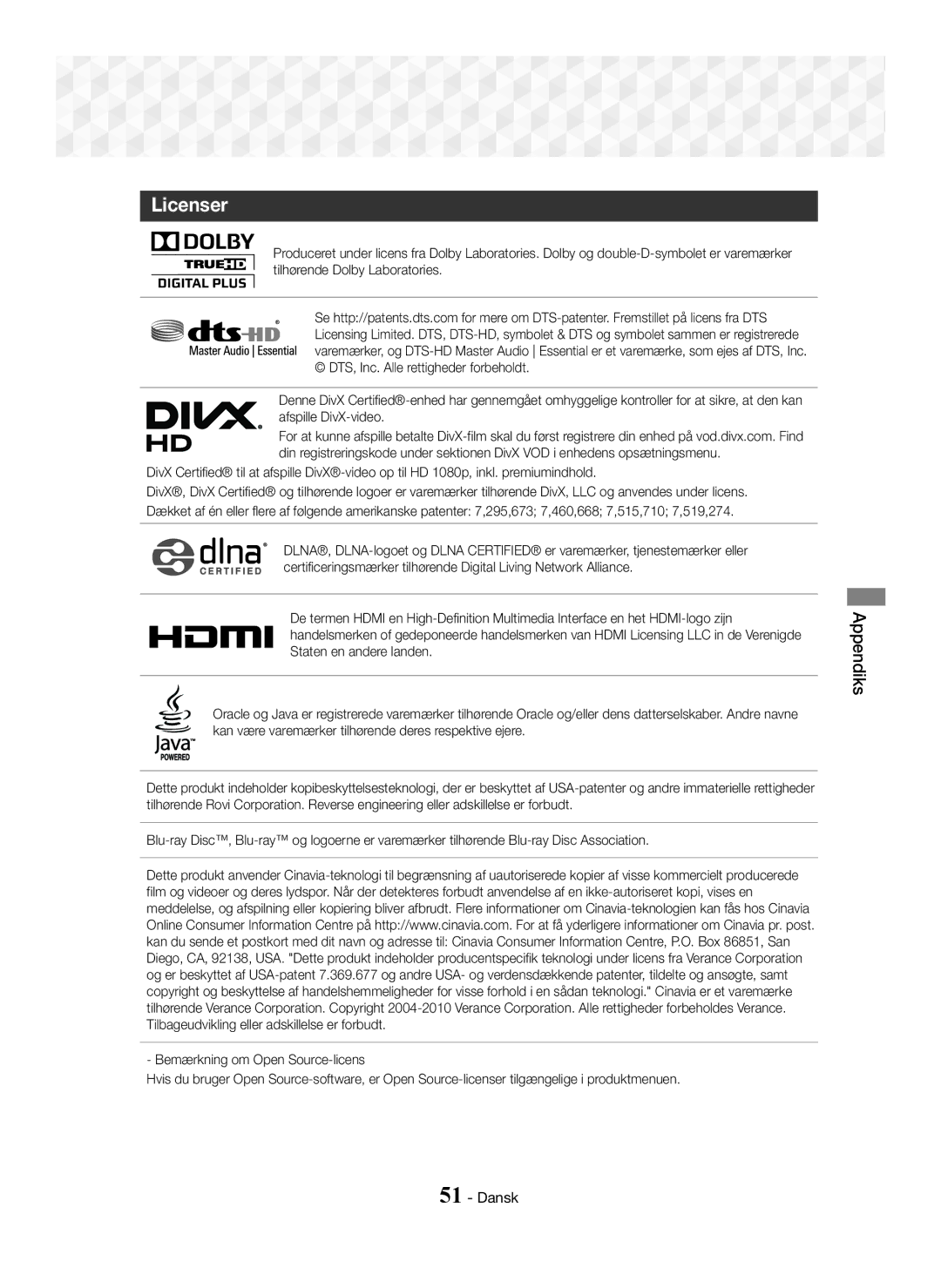 Samsung HT-J5500/XE, HT-J5500/EN, HT-J5550W/EN, HT-J5550W/ZF, HT-J5500/ZF, HT-J5550W/XE manual Licenser 