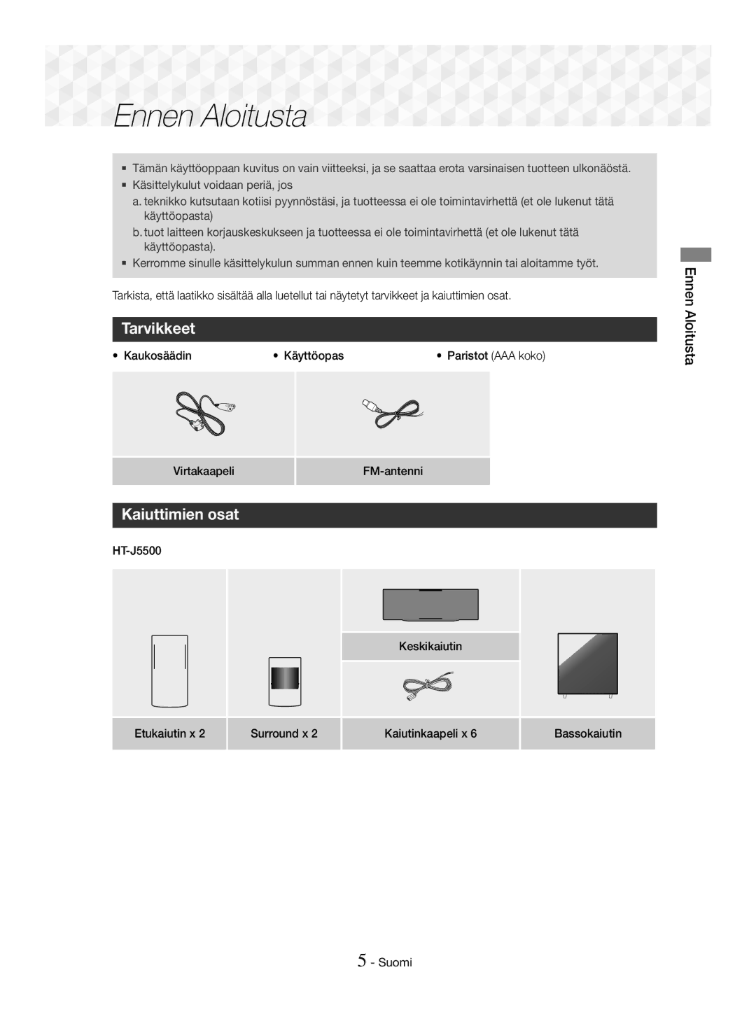 Samsung HT-J5500/XE, HT-J5500/EN, HT-J5550W/EN, HT-J5550W/ZF, HT-J5500/ZF manual Ennen Aloitusta, Tarvikkeet, Kaiuttimien osat 