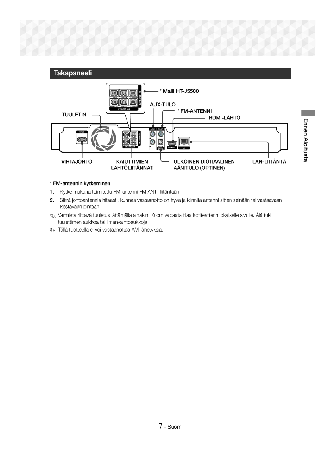 Samsung HT-J5550W/EN, HT-J5500/EN, HT-J5550W/ZF, HT-J5500/ZF, HT-J5550W/XE, HT-J5500/XE manual Takapaneeli 