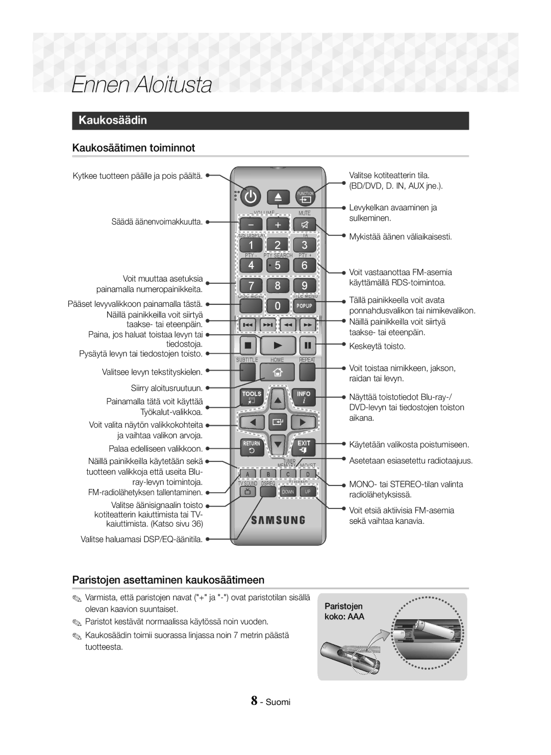 Samsung HT-J5550W/ZF, HT-J5500/EN, HT-J5550W/EN Kaukosäädin, Kaukosäätimen toiminnot, Paristojen asettaminen kaukosäätimeen 