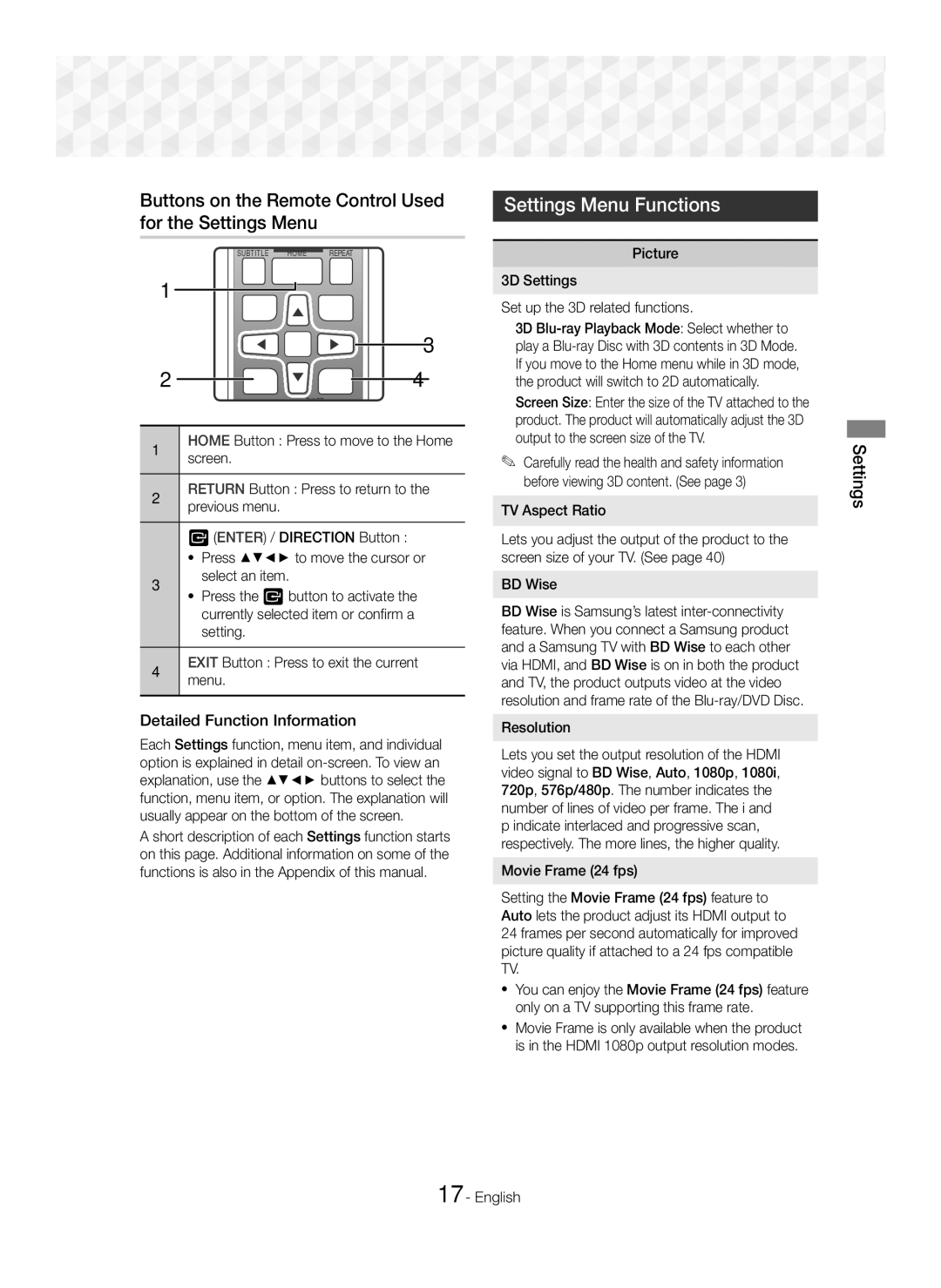 Samsung HT-J5500/XE, HT-J5500/EN manual Buttons on the Remote Control Used for the Settings Menu, Settings Menu Functions 