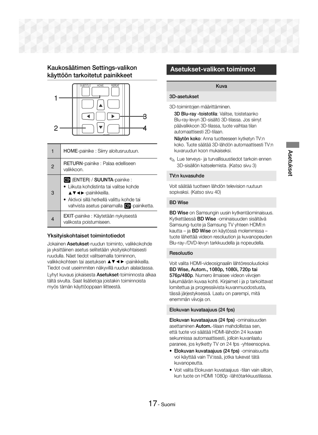 Samsung HT-J5500/XE Asetukset-valikon toiminnot, Yksityiskohtaiset toimintotiedot, Resoluutio, Elokuvan kuvataajuus 24 fps 