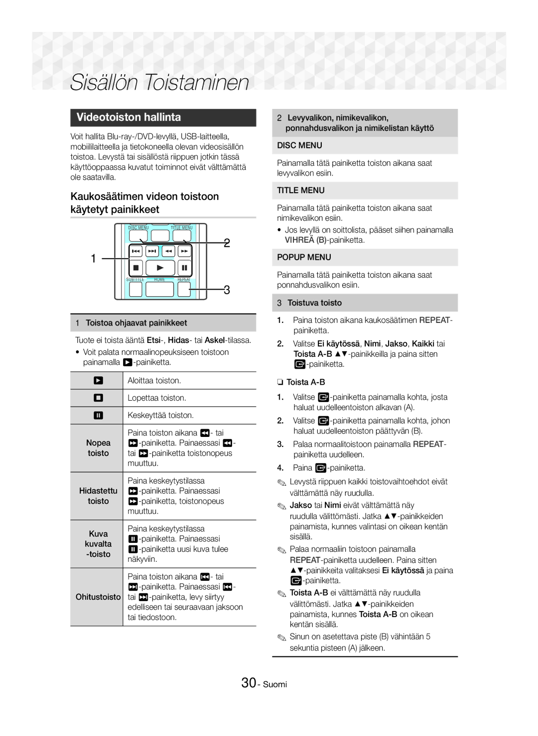 Samsung HT-J5500/EN manual Sisällön Toistaminen, Videotoiston hallinta, Kaukosäätimen videon toistoon käytetyt painikkeet 