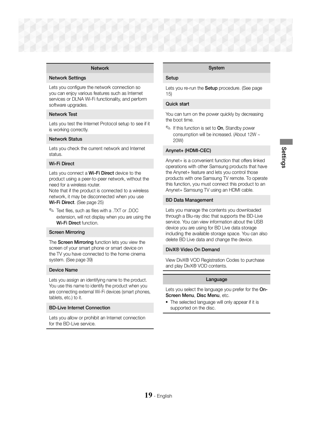 Samsung HT-J5550W/EN, HT-J5500/EN, HT-J5550W/ZF, HT-J5500/ZF manual Network Network Settings, Device Name, BD Data Management 