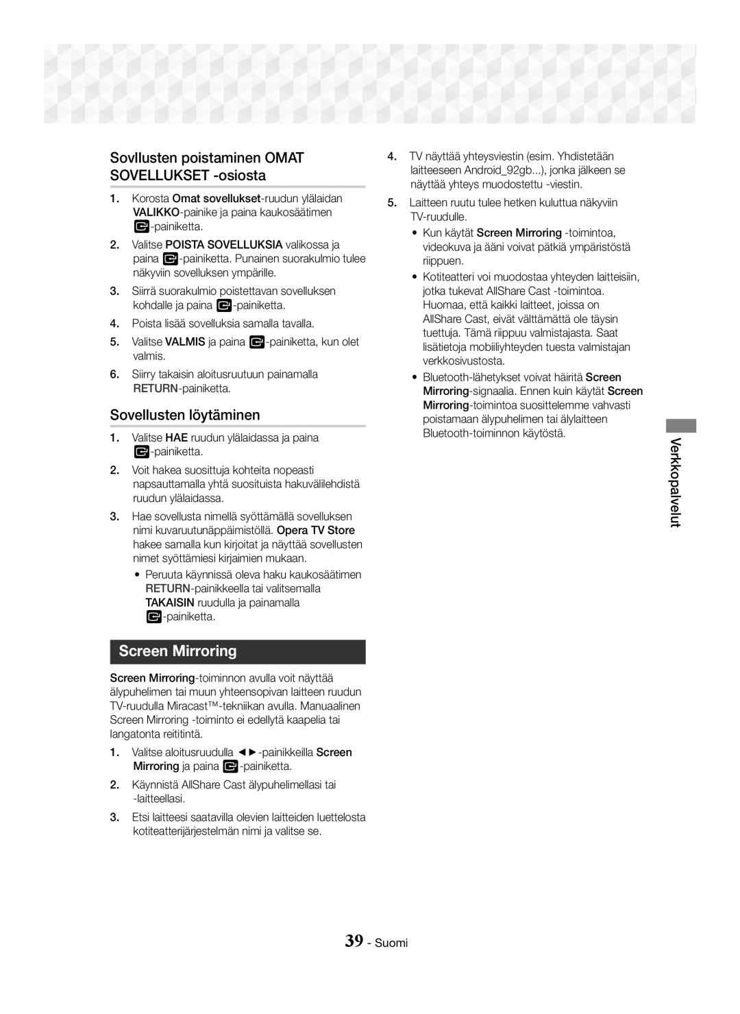 Samsung HT-J5500/ZF, HT-J5500/EN, HT-J5550W/EN Sovellusten löytäminen, Sovllusten poistaminen Omat Sovellukset -osiosta 