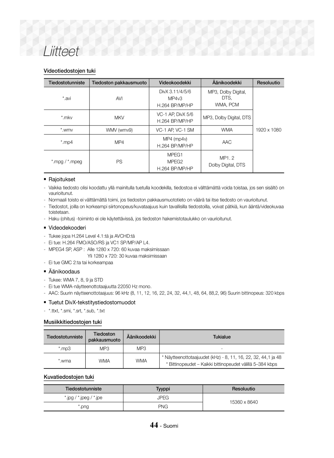 Samsung HT-J5550W/ZF manual Videotiedostojen tuki,  Rajoitukset,  Videodekooderi,  Äänikoodaus, Musiikkitiedostojen tuki 