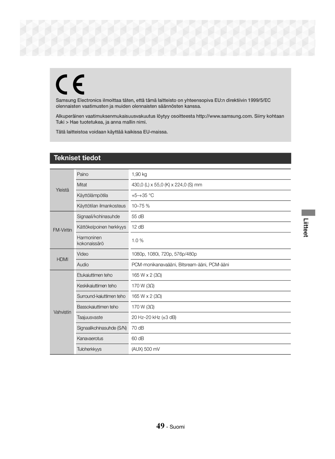 Samsung HT-J5550W/EN, HT-J5500/EN, HT-J5550W/ZF, HT-J5500/ZF, HT-J5550W/XE, HT-J5500/XE Tekniset tiedot, Yleistä FM-Viritin 