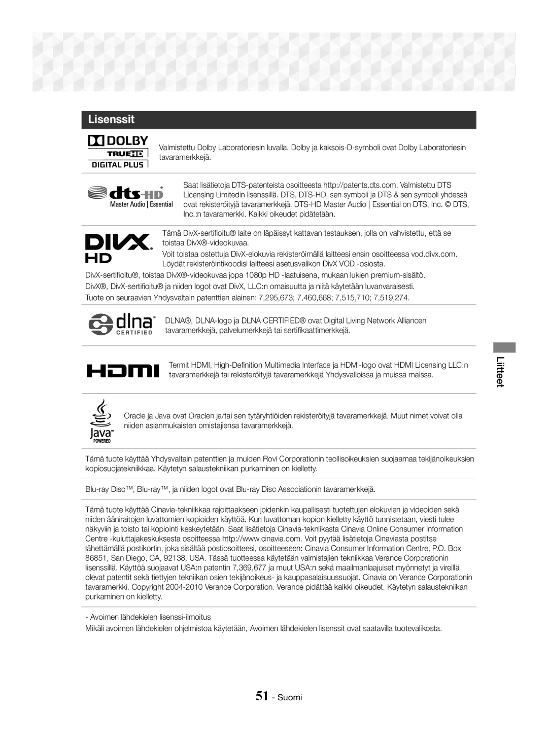 Samsung HT-J5500/ZF, HT-J5500/EN, HT-J5550W/EN, HT-J5550W/ZF, HT-J5550W/XE, HT-J5500/XE manual Lisenssit 