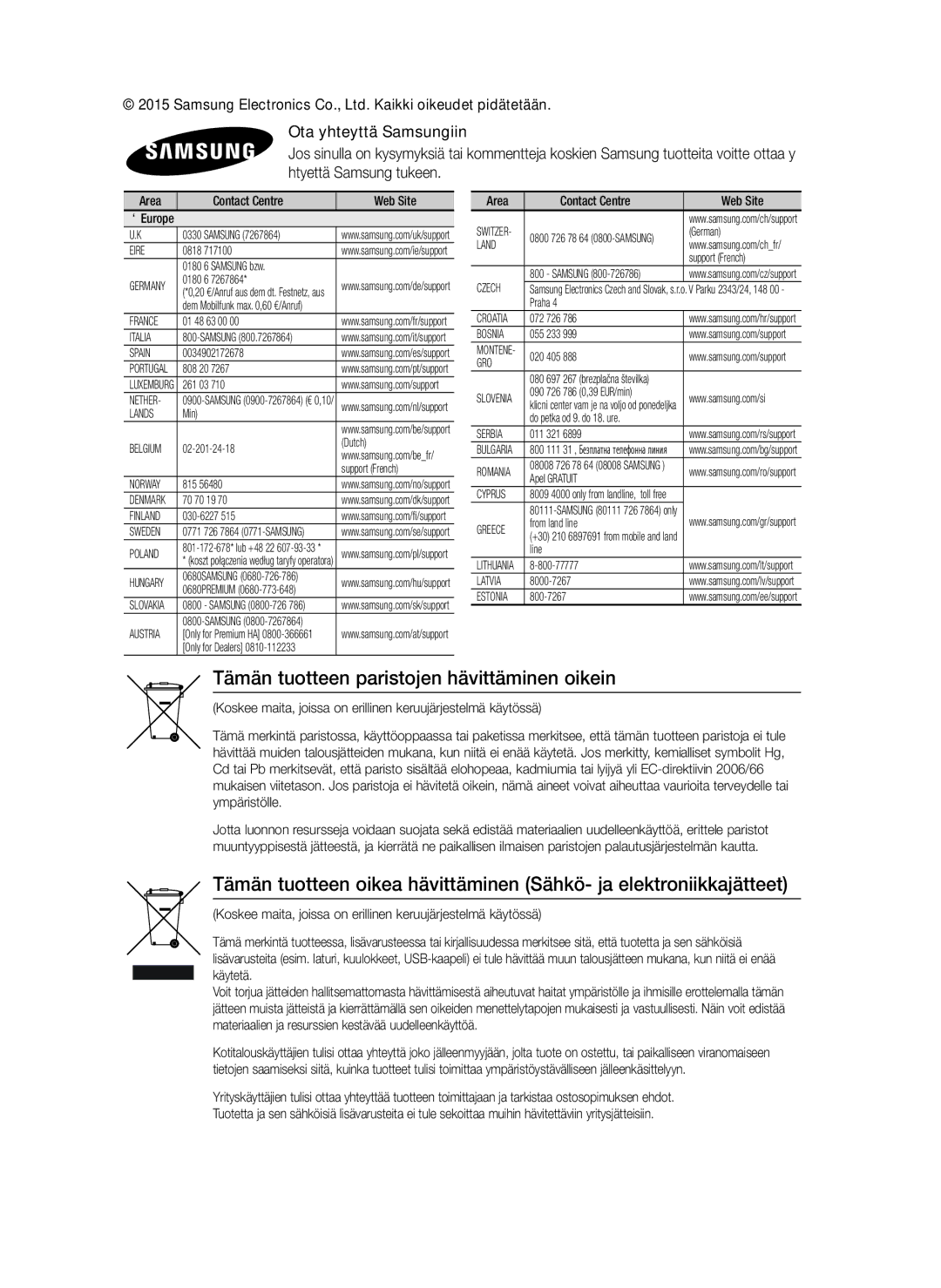 Samsung HT-J5550W/XE, HT-J5500/EN manual Tämän tuotteen paristojen hävittäminen oikein, Area Contact Centre  Web Site 