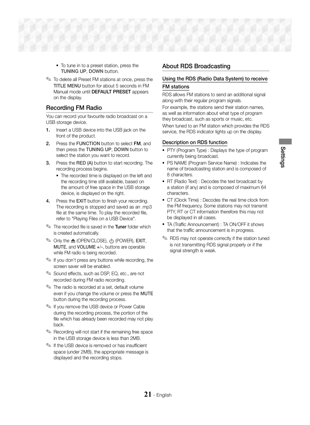 Samsung HT-J5500/ZF Recording FM Radio, About RDS Broadcasting, Using the RDS Radio Data System to receive FM stations 