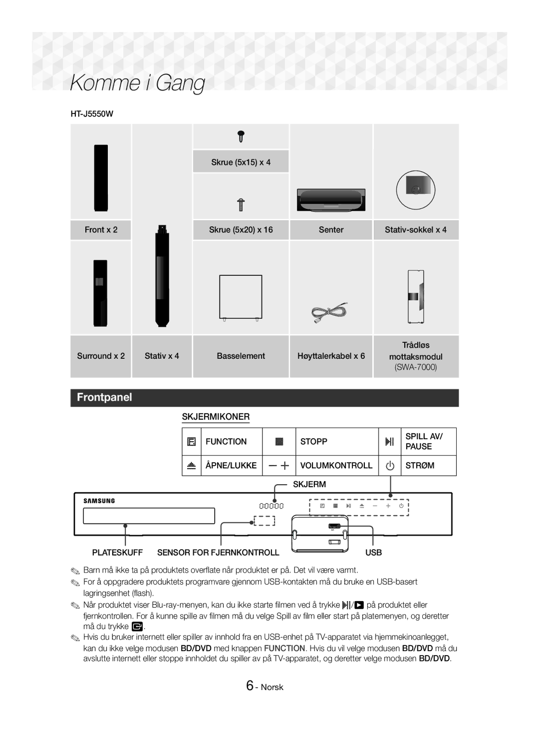 Samsung HT-J5550W/XE, HT-J5500/EN manual Komme i Gang, Function Stopp Pause ÅPNE/LUKKE Volumkontroll Strøm Skjerm, Spill AV 