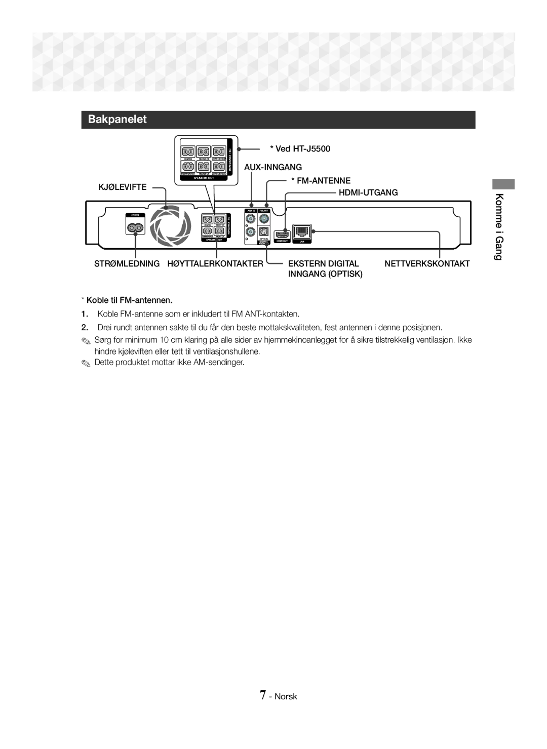 Samsung HT-J5500/XE, HT-J5500/EN, HT-J5550W/EN manual Bakpanelet, Ved HT-J5500, Aux-Inngang, Inngang Optisk, Nettverkskontakt 