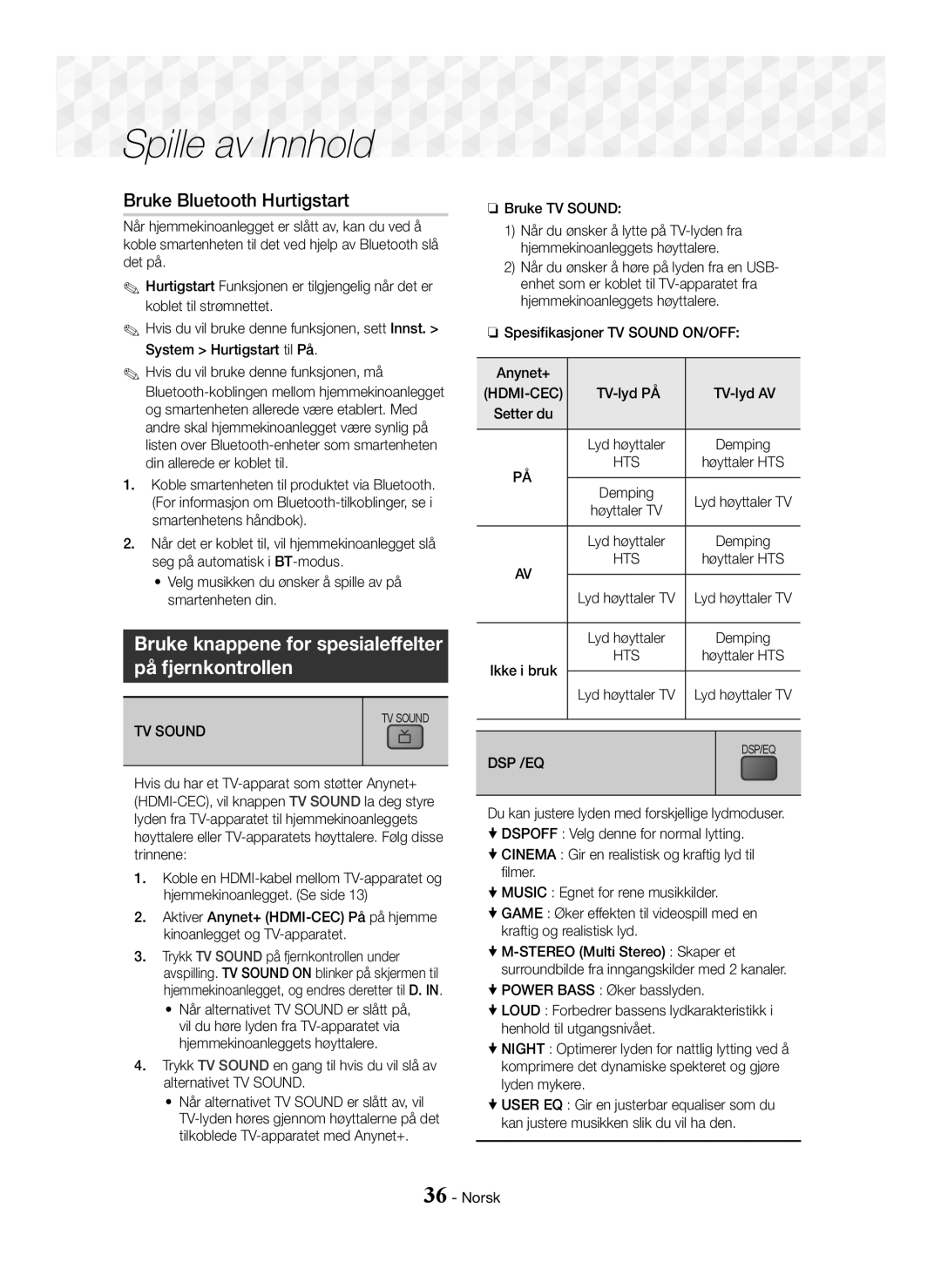 Samsung HT-J5550W/XE manual Bruke Bluetooth Hurtigstart, Bruke knappene for spesialeffelter På fjernkontrollen, Dsp /Eq 