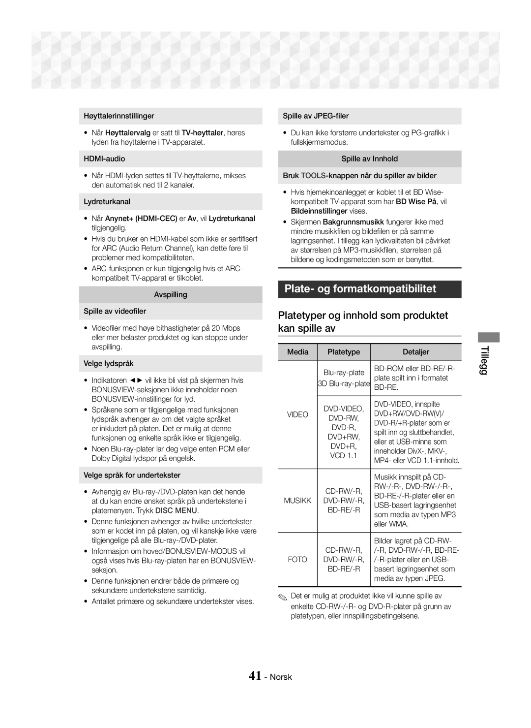 Samsung HT-J5500/ZF Plate- og formatkompatibilitet, Platetyper og innhold som produktet kan spille av, Tillegg, Bd-Re 