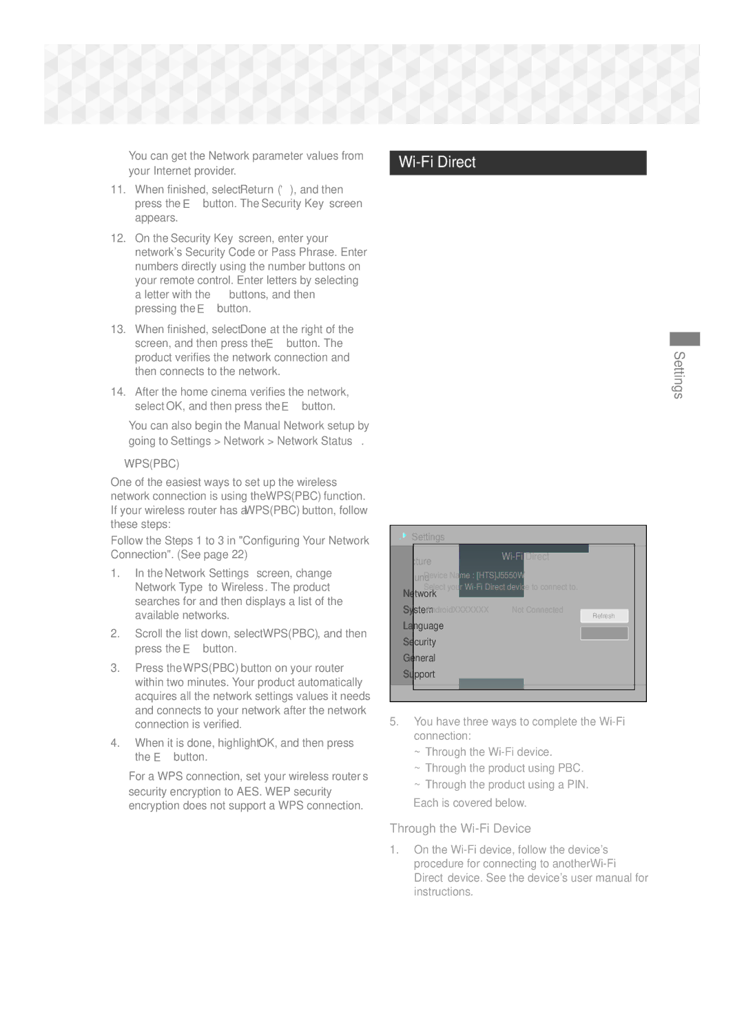 Samsung HT-J5550W/EN, HT-J5500/EN, HT-J5550W/ZF, HT-J5500/ZF Settings Through the Wi-Fi Device, Settings Wi-Fi Direct 