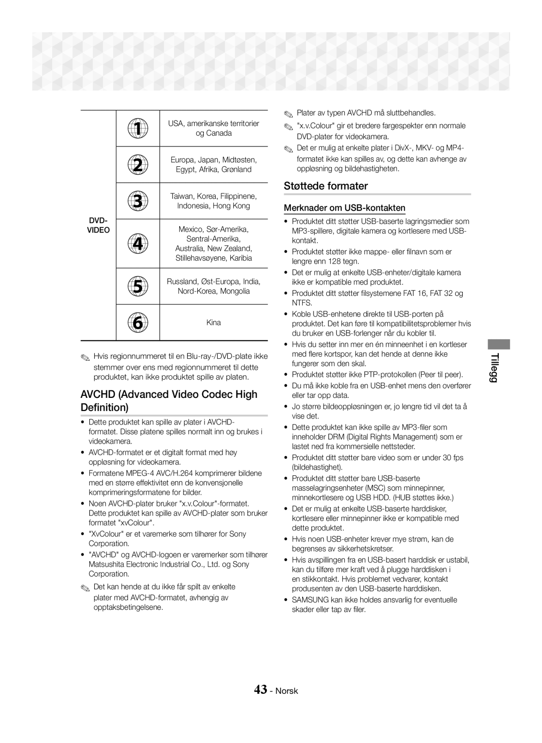 Samsung HT-J5500/XE, HT-J5500/EN, HT-J5550W/EN, HT-J5550W/ZF, HT-J5500/ZF manual Støttede formater, Merknader om USB-kontakten 