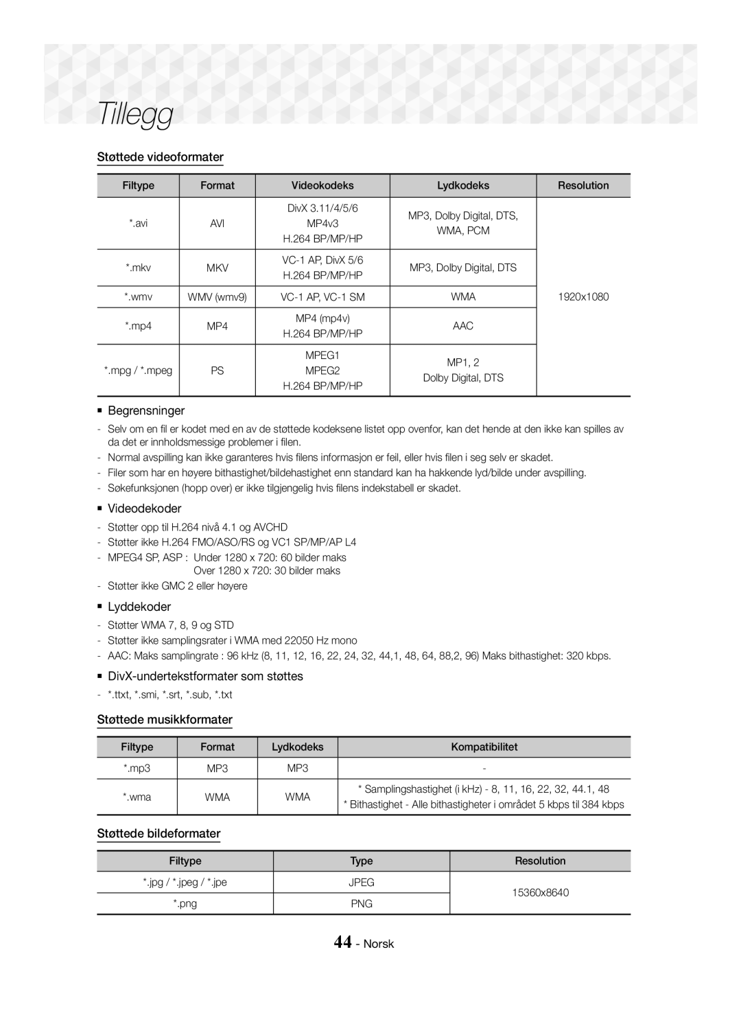 Samsung HT-J5500/EN Støttede videoformater,  Begrensninger,  DivX-undertekstformater som støttes, Støttede bildeformater 