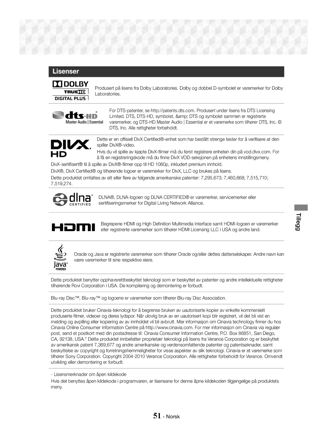 Samsung HT-J5550W/EN, HT-J5500/EN, HT-J5550W/ZF, HT-J5500/ZF, HT-J5550W/XE, HT-J5500/XE manual Lisenser 