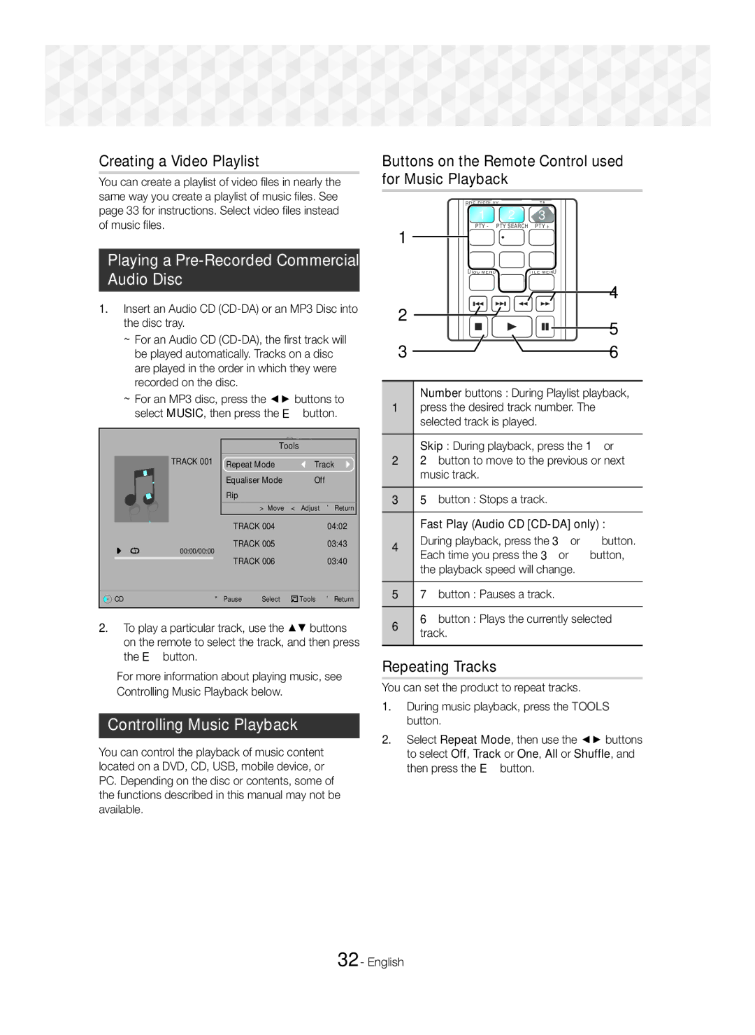 Samsung HT-J5550W/ZF Creating a Video Playlist, Playing a Pre-Recorded Commercial Audio Disc, Controlling Music Playback 