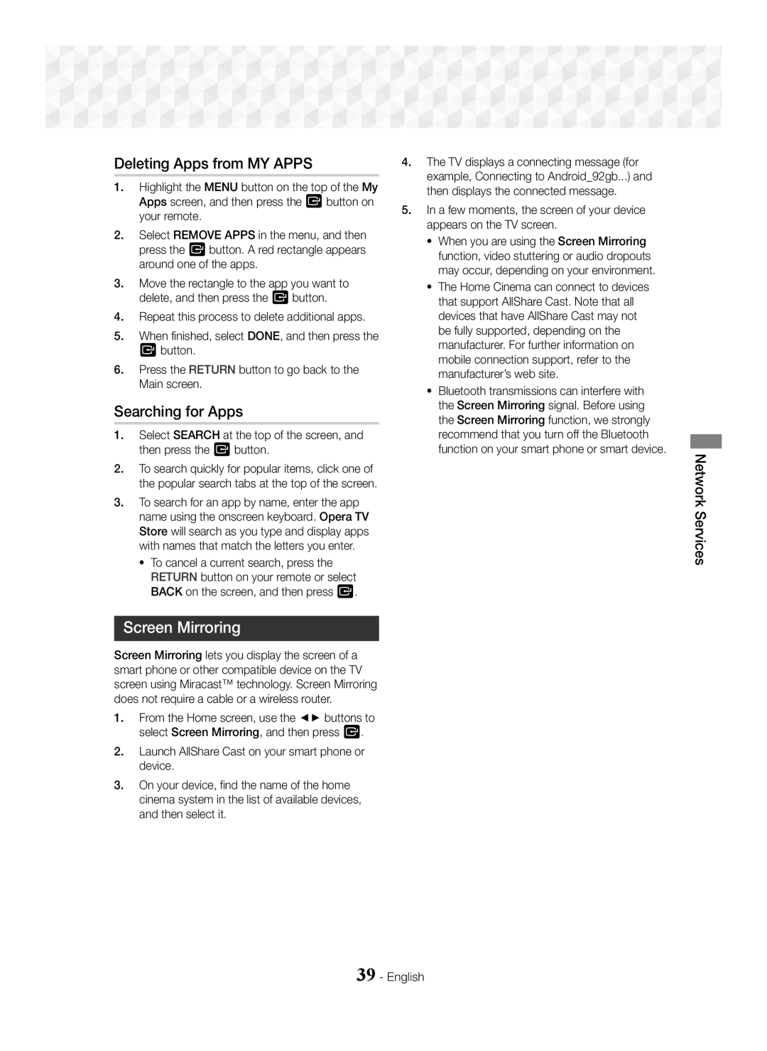 Samsung HT-J5500/ZF, HT-J5500/EN, HT-J5550W/EN, HT-J5500/XE Deleting Apps from MY Apps, Searching for Apps, Screen Mirroring 