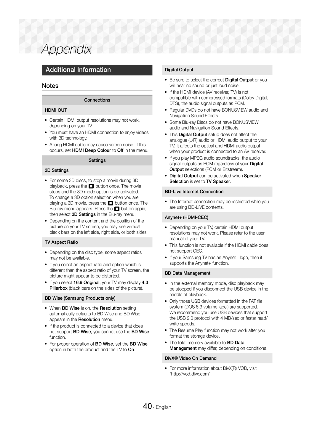 Samsung HT-J5550W/XE, HT-J5500/EN manual Appendix, Additional Information, Connections, Hdmi OUT, Settings 3D Settings 