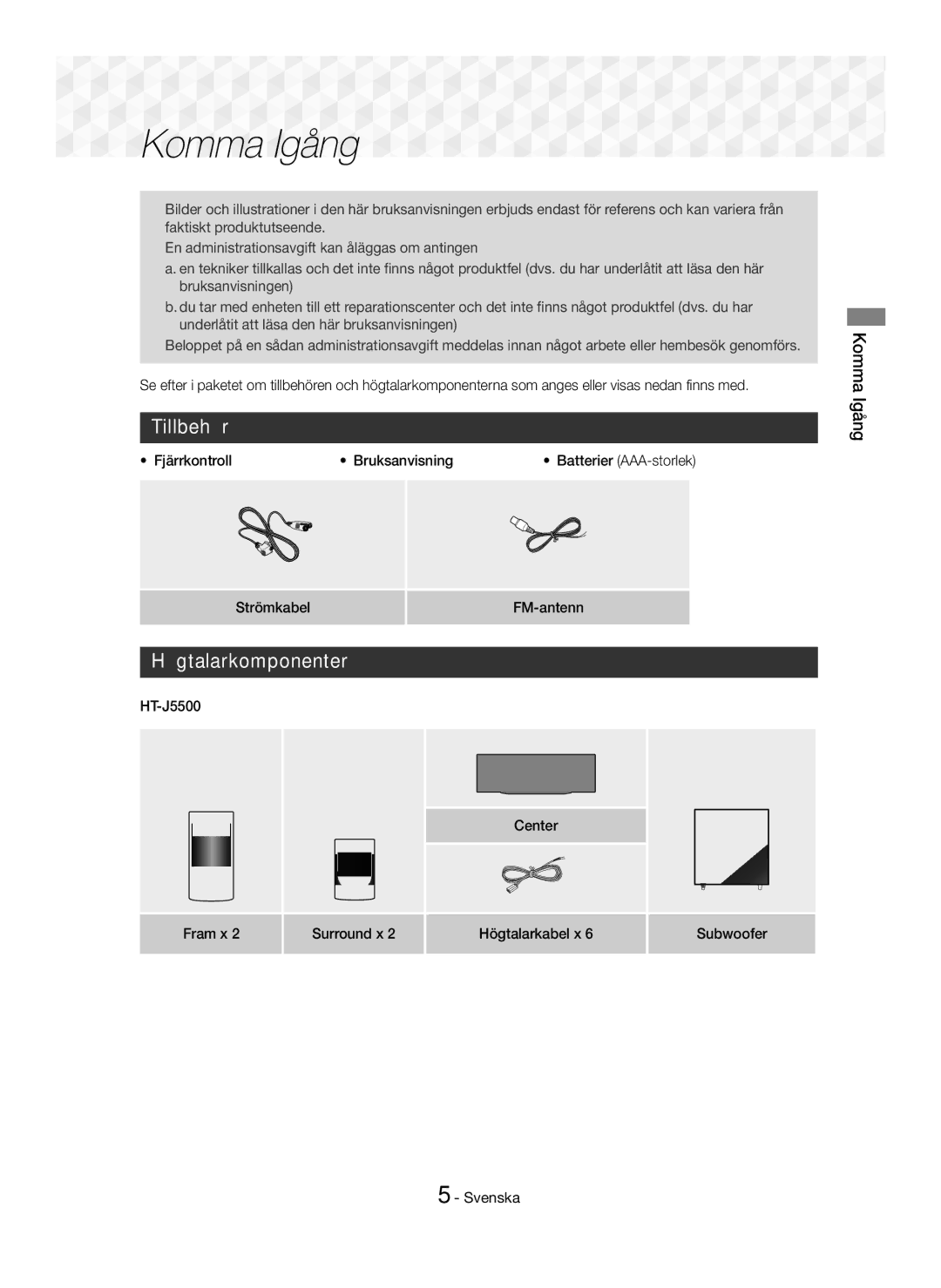 Samsung HT-J5500/ZF manual Tillbehör, Högtalarkomponenter, Komma Igång, Fjärrkontroll Bruksanvisning, Strömkabel FM-antenn 