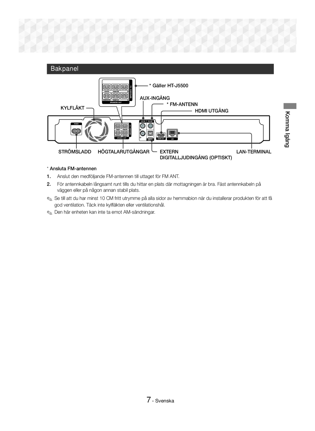 Samsung HT-J5500/XE manual Bakpanel, Gäller HT-J5500, Aux-Ingång, Kylfläkt FM-ANTENN, Strömsladd Högtalarutgångar Extern 