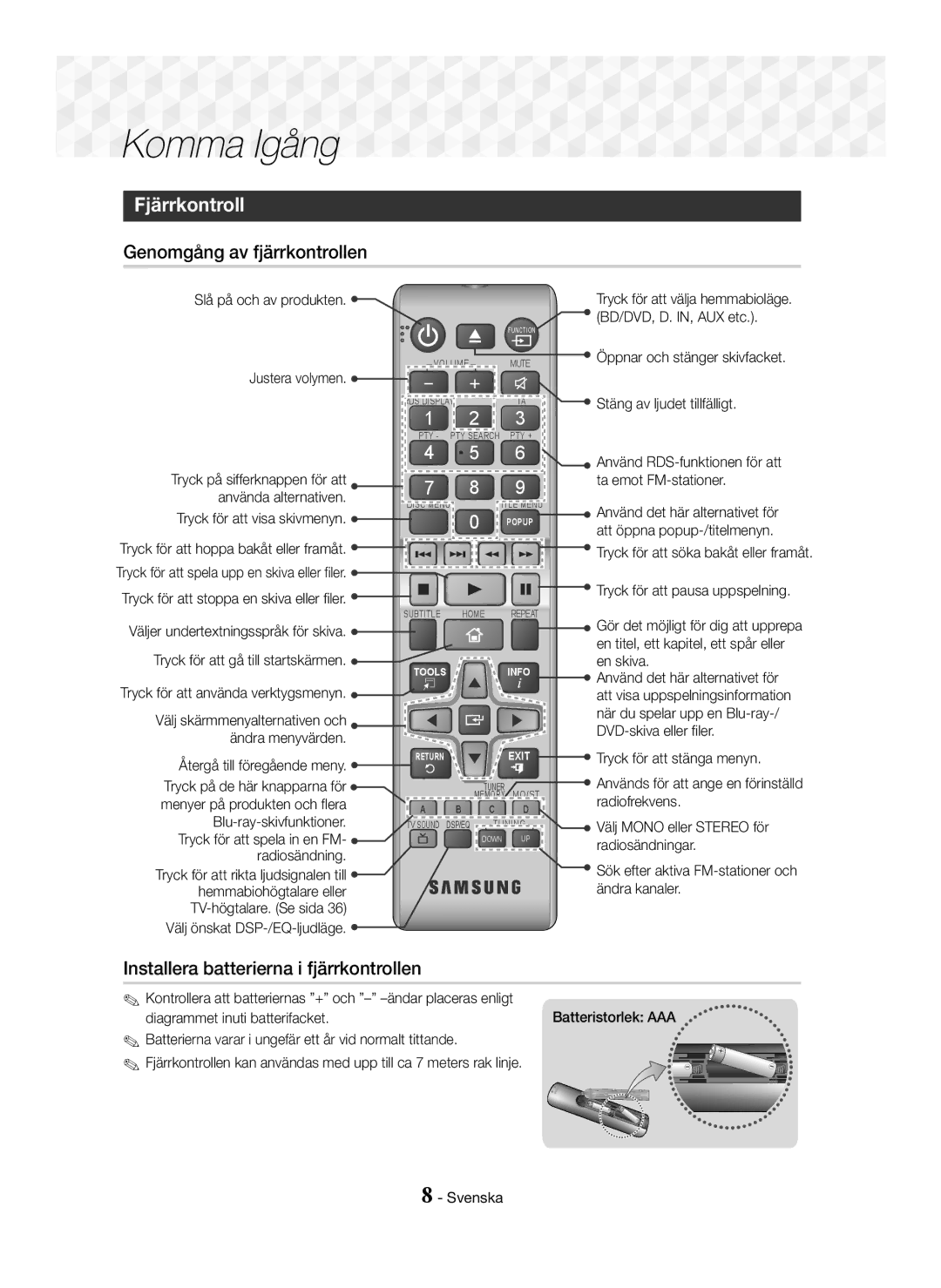 Samsung HT-J5500/EN Komma Igång, Fjärrkontroll, Genomgång av fjärrkontrollen, Installera batterierna i fjärrkontrollen 