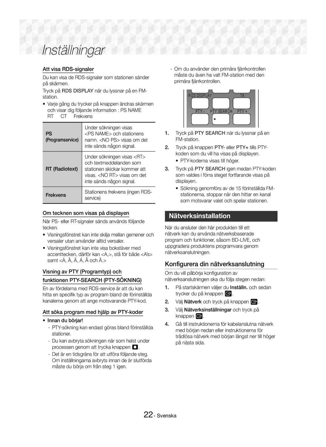 Samsung HT-J5550W/ZF, HT-J5500/EN manual Nätverksinstallation, Konfigurera din nätverksanslutning, Att visa RDS-signaler 