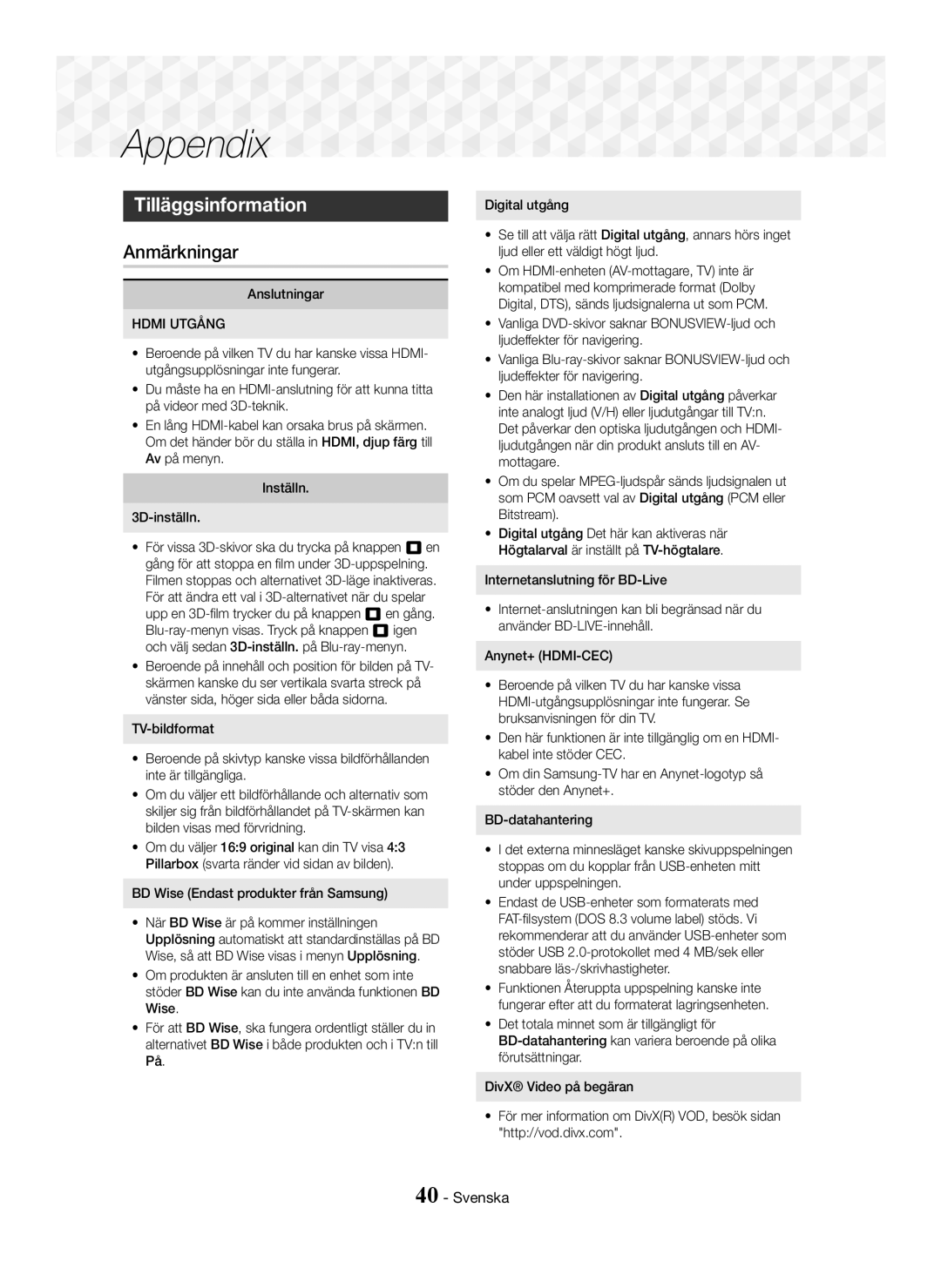 Samsung HT-J5550W/ZF, HT-J5500/EN Tilläggsinformation, Anmärkningar, Anslutningar, BD Wise Endast produkter från Samsung 