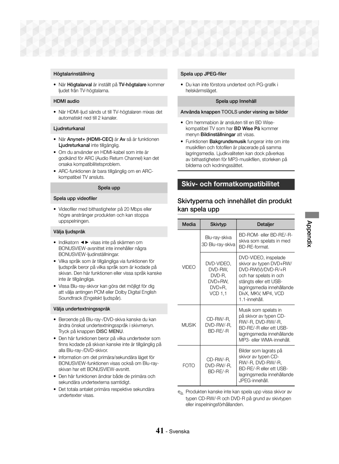 Samsung HT-J5500/ZF, HT-J5500/EN manual Skiv- och formatkompatibilitet, Skivtyperna och innehållet din produkt kan spela upp 