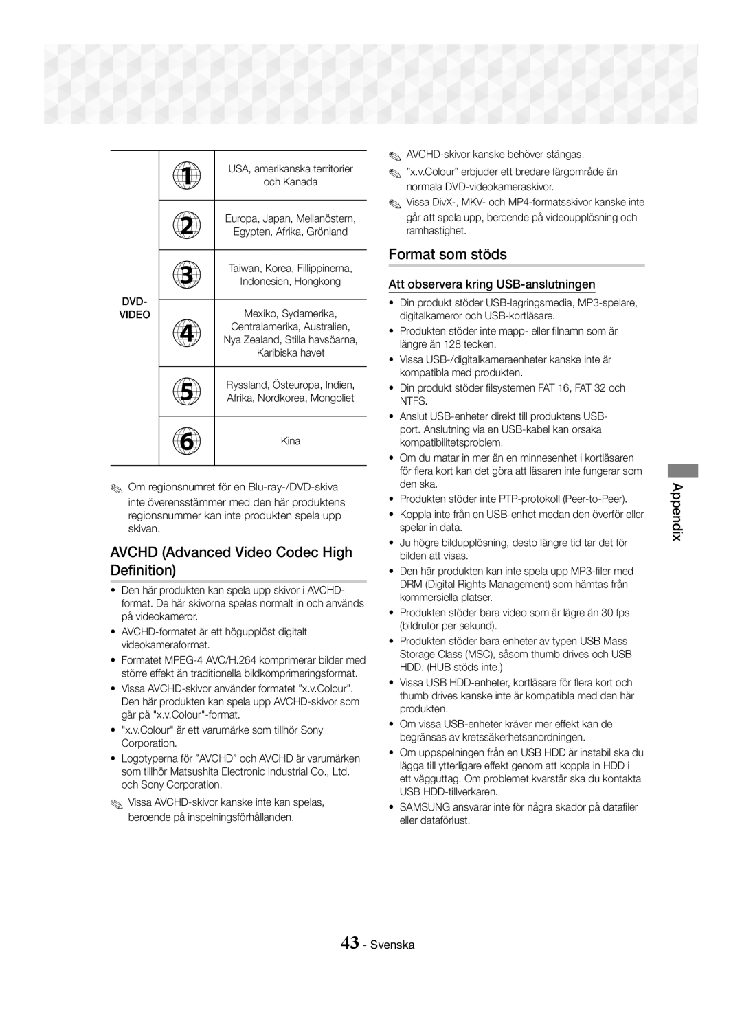 Samsung HT-J5500/XE, HT-J5500/EN, HT-J5550W/EN, HT-J5550W/ZF manual Format som stöds, Att observera kring USB-anslutningen 