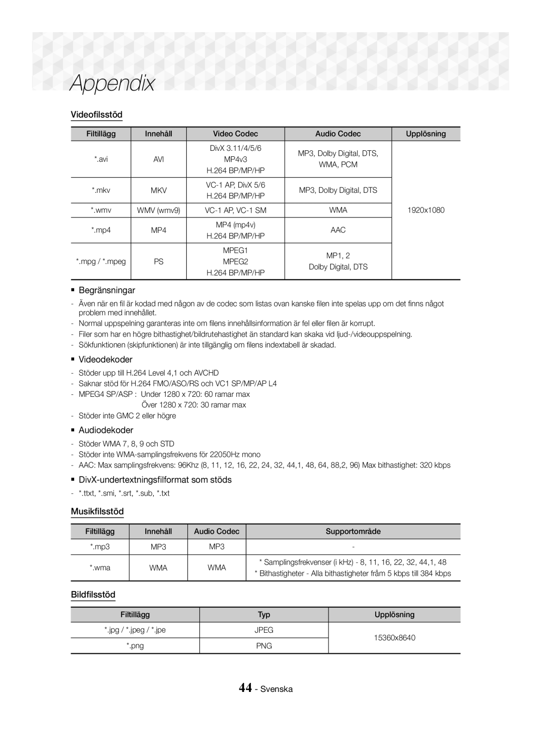 Samsung HT-J5500/EN manual Videofilsstöd,  Begränsningar,  Videodekoder,  Audiodekoder, Musikfilsstöd, Bildfilsstöd 